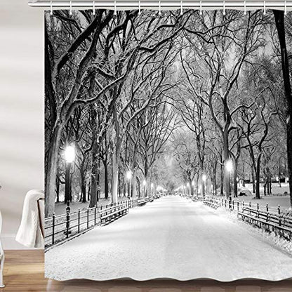 Grey Winter Street View Shower Curtain with Snow Trees, Christmas 72x72 Inches - Christmas3