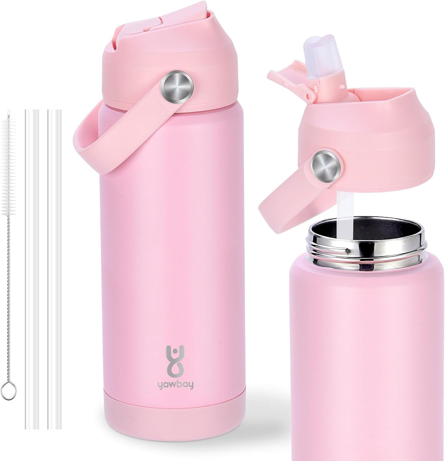 Skiennix 18oz Kids Insulated Water Bottle - Leak Proof with Straw Lid & Silicone Handle | Light Pink