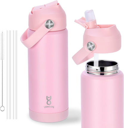 Skiennix 18oz Kids Insulated Water Bottle - Leak Proof with Straw Lid & Silicone Handle | Light Pink