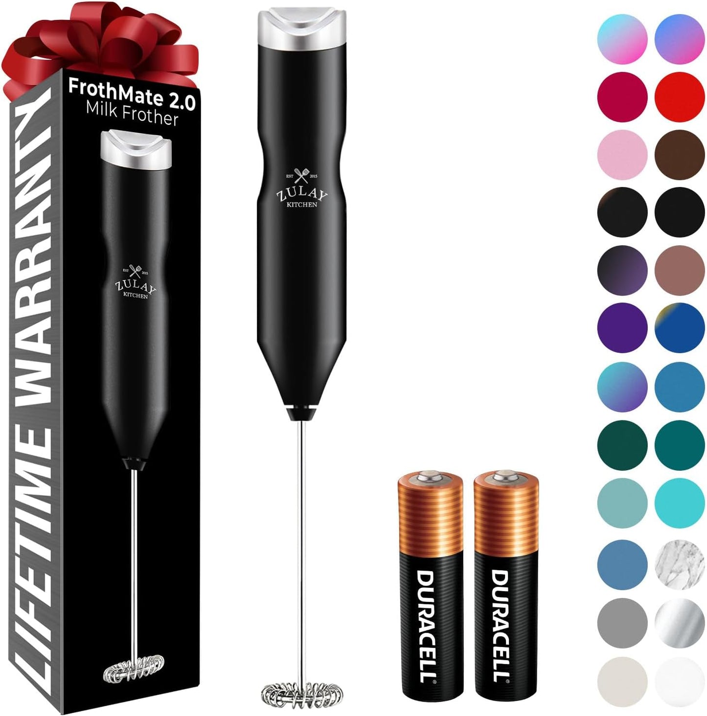 Zulay Kitchen Powerful Frother Wand AA Batteries Included, Ultra Fast Handheld Drink Mixer, Comfort Milk Frother, Stainless Steel Whisker, Frother Handheld for Coffee, Protein & Matcha - Frothmate 2.0