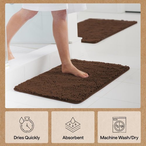 GORILLA GRIP Bath Rug Mat - Thick Soft Absorbent Chenille | Quick Dry Microfiber, 44x26, Brown