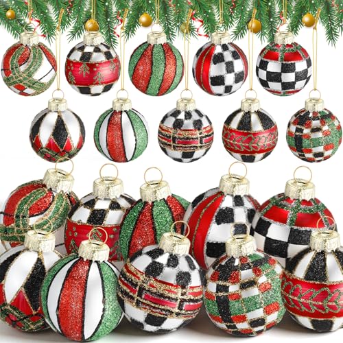 Christmas Plaid Tartan Glass Ball Ornaments - Classic Red Green Black, 10 Pack