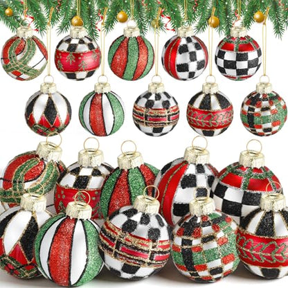Christmas Plaid Tartan Glass Ball Ornaments - Classic Red Green Black, 10 Pack
