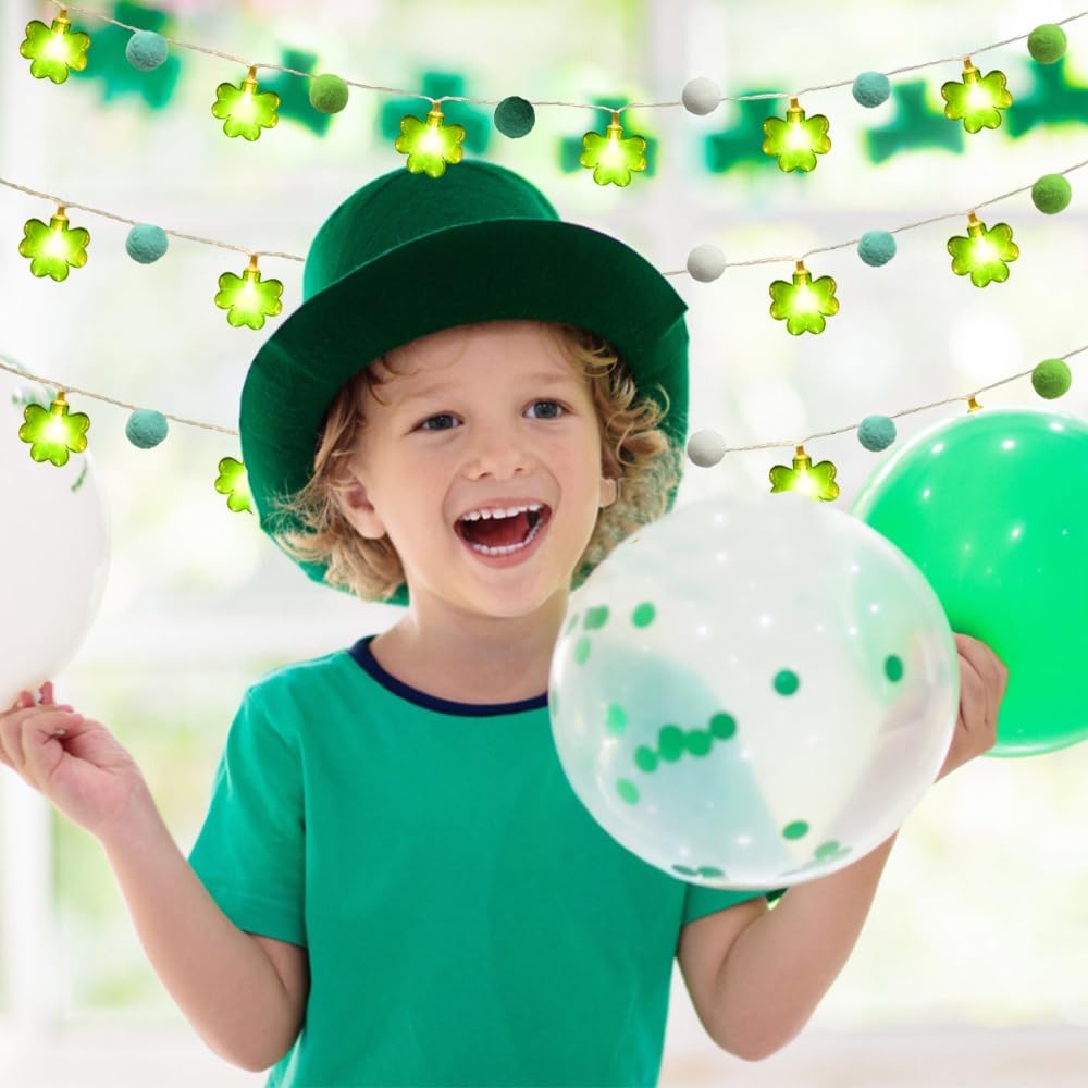 Skiennix St. Patrick's Day Lights Garland - 20 LED Lucky Clover Pompoms | 9.85ft Indoor Decor