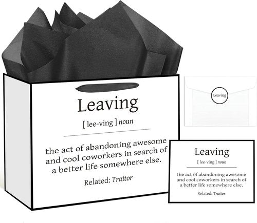 Funny Going Away Gift Bag Black White Farewell Goodbye Christmas Gift Bag with Wrapping Paper Card Sticker Envelope for Coworkers Leaving Gifts Retirement Good Luck We Will Miss You Presents Favors