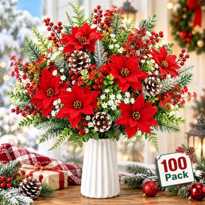 Christmas Artificial Flowers Bundle - Red & Green Poinsettia Berry Greenery - 100 Stems