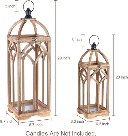 DECORKEY Large Wooden Lantern Set - Rustic Indoor & Outdoor Candle Holders | 30’’/20’’H, Natural Wood Finish