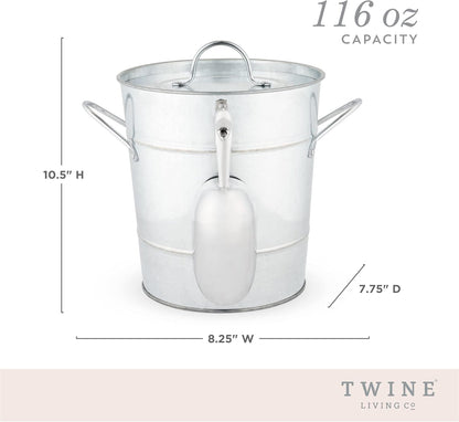 Twine Insulated Ice Bucket With Lid & Scooper for Parties - Galvanized Metal Bucket Cooler & Drink Tub Holds 1 Gallon