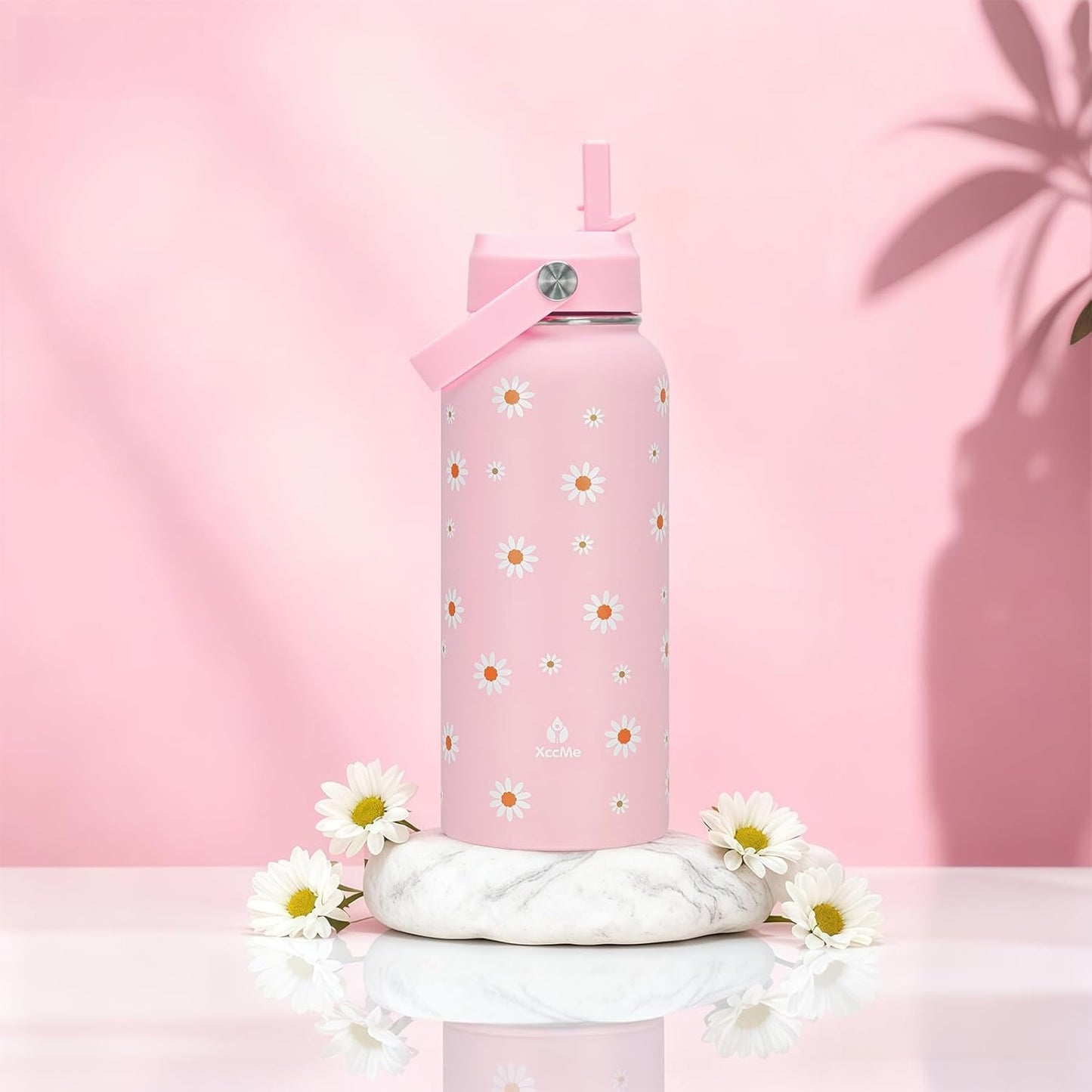 Skiennix Pink Daisy Water Bottle - 32oz Insulated with Flip Straw & Handle | Leak-Proof Stainless Steel Gift for Women & Teens