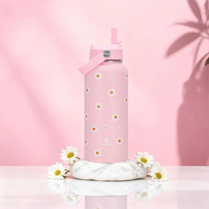 Skiennix Pink Daisy Water Bottle - 32oz Insulated with Flip Straw & Handle | Leak-Proof Stainless Steel Gift for Women & Teens