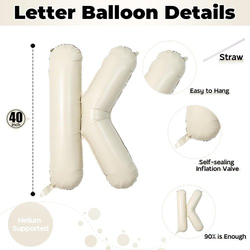Giant Alphabet K Foil Balloon - Custom 40 Inch Mylar Letter in Nude Cream White for Birthday & Baby Shower Decor