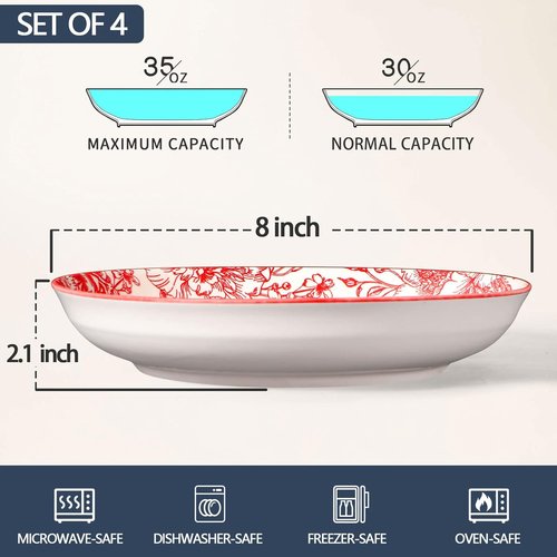 Artena Pasta Bowls Set of 4 - 26oz Porcelain Salad & Serving Bowls | 8-Inch Colorful Dinner Plates, Microwave & Oven Safe, Red Rose