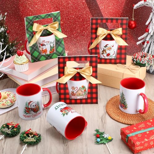 Christmas Coffee Mugs with Gift Boxes - Red Green Watercolor Set of 12