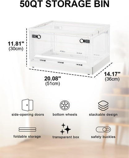 Storage Bins with Lids - 50 QT Stackable Plastic Containers with Wheels | Collapsible Organizer for Home & Office