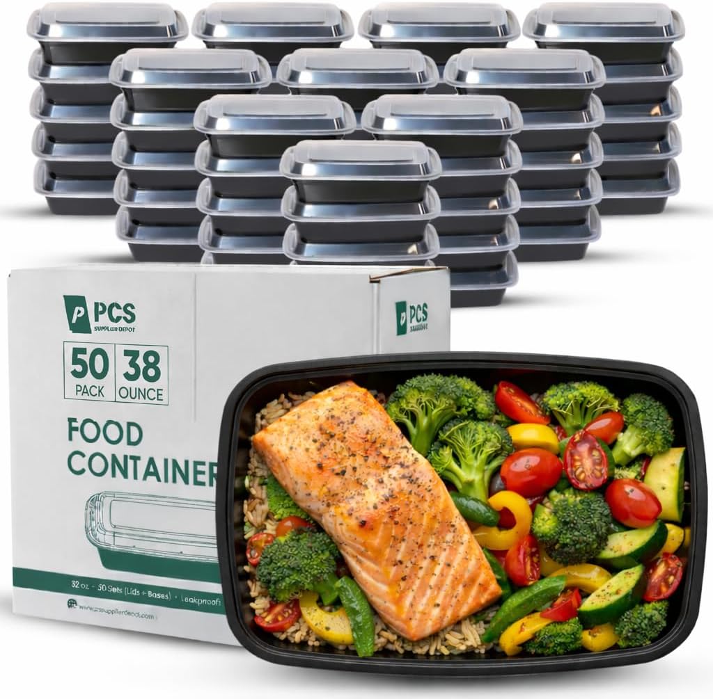 Skiennix 38 oz Meal Prep Containers - 50 Pack Reusable, BPA-Free, Leakproof & Stackable | Microwave & Dishwasher Safe