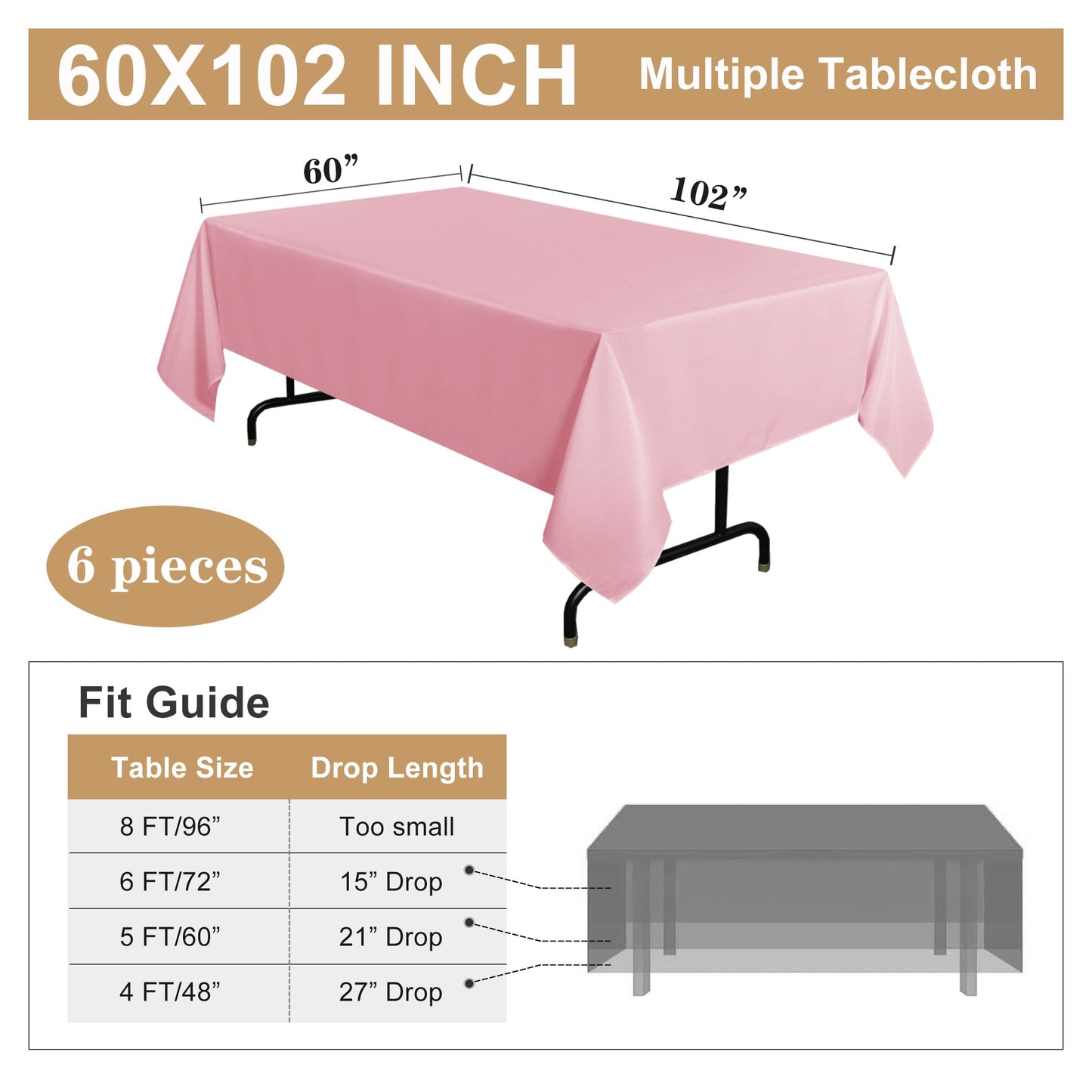 sancua 2 Pack Pink Tablecloth 60 x 102 Inch, Rectangle Table Cloth for 6 Feet Table - Stain and Wrinkle Resistant Washable Polyester Table Cover for Dining Table, Buffet Parties and Camping