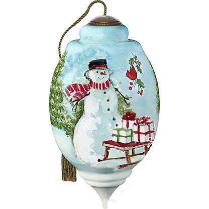 Ne'Qwa Limited Edition Wintery House and Snowman in Woods Ornament