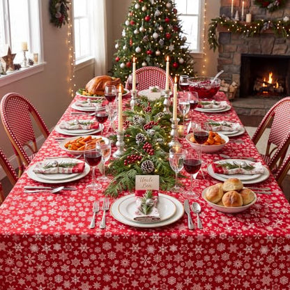 Christmas Disposable Plastic Tablecloth Roll 54 Inch x 300 Feet with Snowflake Pattern - Red