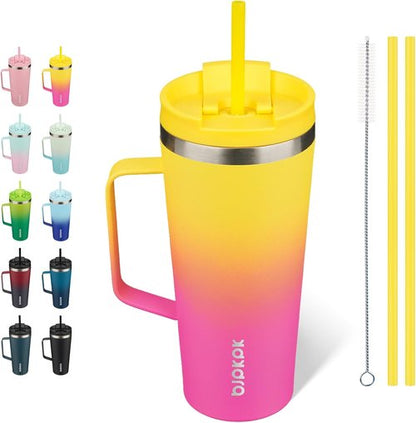 BJPKPK Insulated Tumbler - 22oz Stainless Steel Travel Mug with Handle, Lid & Straw | Pink & Yellow Rose