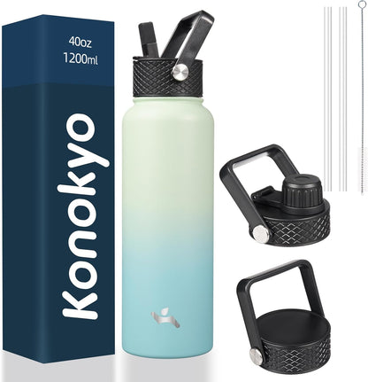 Skiennix 40oz Insulated Water Bottle - Stainless Steel Sport Bottle with 3 Lids | Mint Color