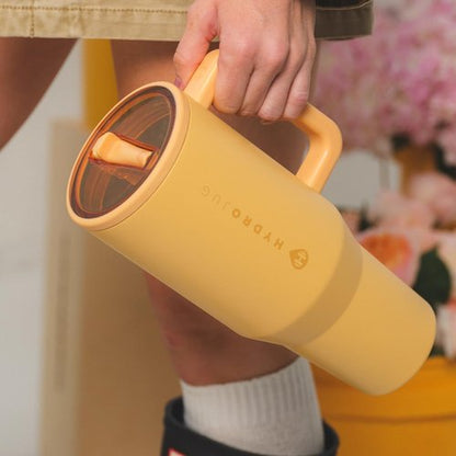 HydroJug Traveler - 40 oz Insulated Water Bottle with Handle & Flip Straw - Leak Resistant, Fits Cup Holder, Marigold