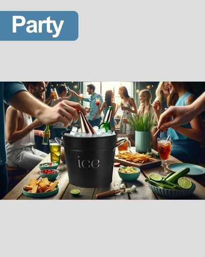 3Qt Black Galvanized Ice Bucket with Lid, Scoop & Handles - Ideal for Cocktails, Parties, BBQs, Wine & Champagne. Double-Layer Insulated Outer & Galvanized Inner Layer, Perfect for Home & Outdoor Use