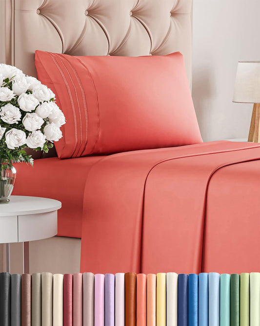 Skiennix Twin Size 3-Piece Sheet Set - Ultra-Soft Cooling Bed Sheets - Deep Pockets, Coral Color