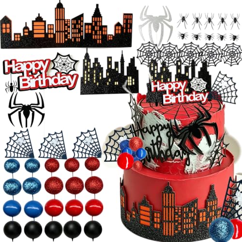 46Pcs Spider Cake Toppers Set - Black Red Silver Yellow City Theme Decorations