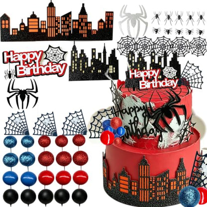 46Pcs Spider Cake Toppers Set - Black Red Silver Yellow City Theme Decorations