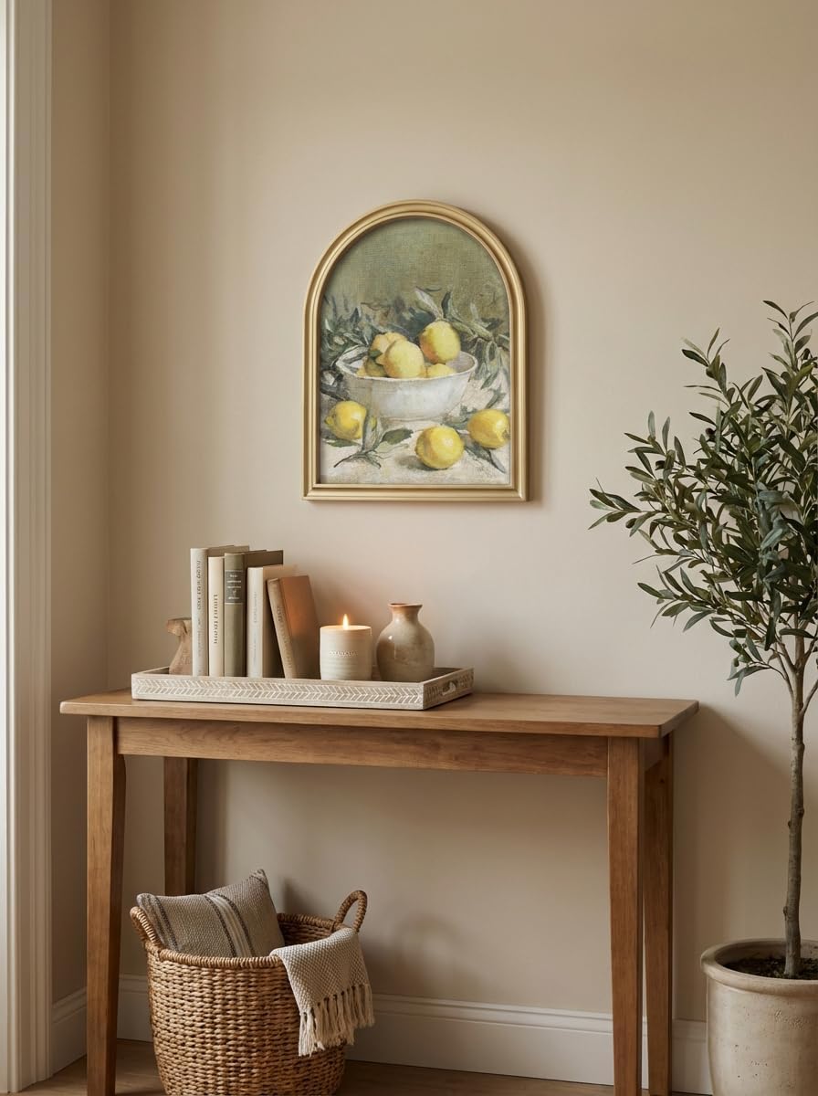 TwoDays Vintage Rustic Lemon Wall Art - Gold Arched Wood Frame Canvas Picture for Kitchen & Dining Room (11" x 13.8")