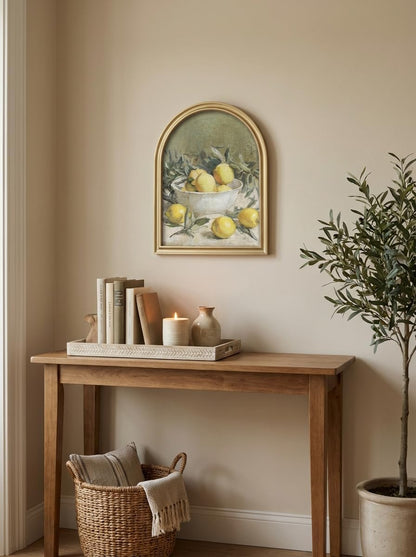 TwoDays Vintage Rustic Lemon Wall Art - Gold Arched Wood Frame Canvas Picture for Kitchen & Dining Room (11" x 13.8")