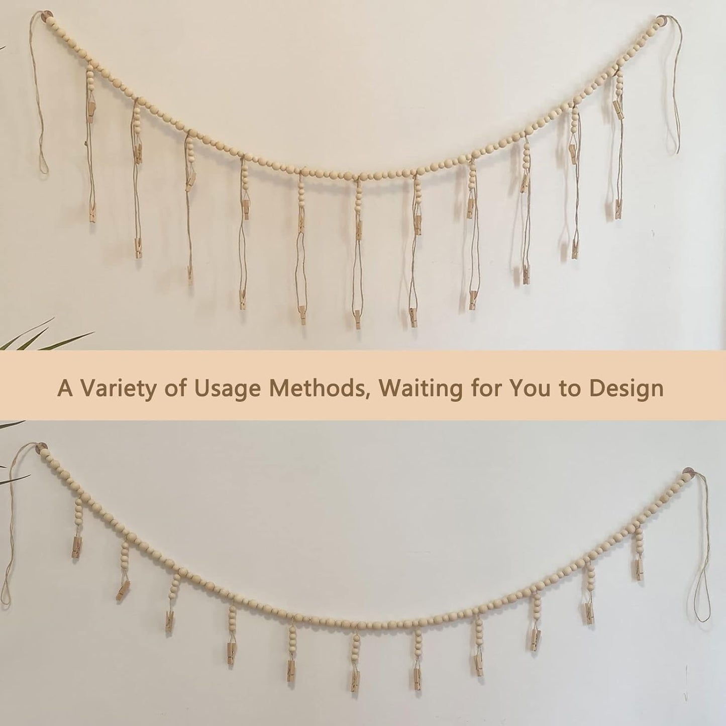 Wooden Bead Garland Photo Display | 22 Clip Boho Style Collage Frame for Dorms & Bedrooms