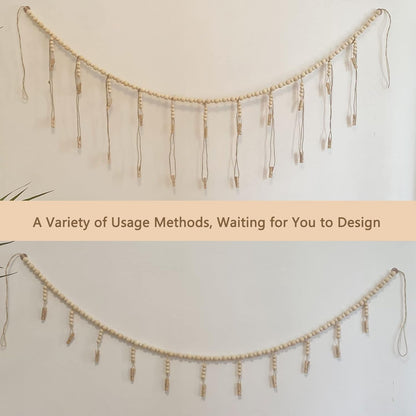Wooden Bead Garland Photo Display | 22 Clip Boho Style Collage Frame for Dorms & Bedrooms