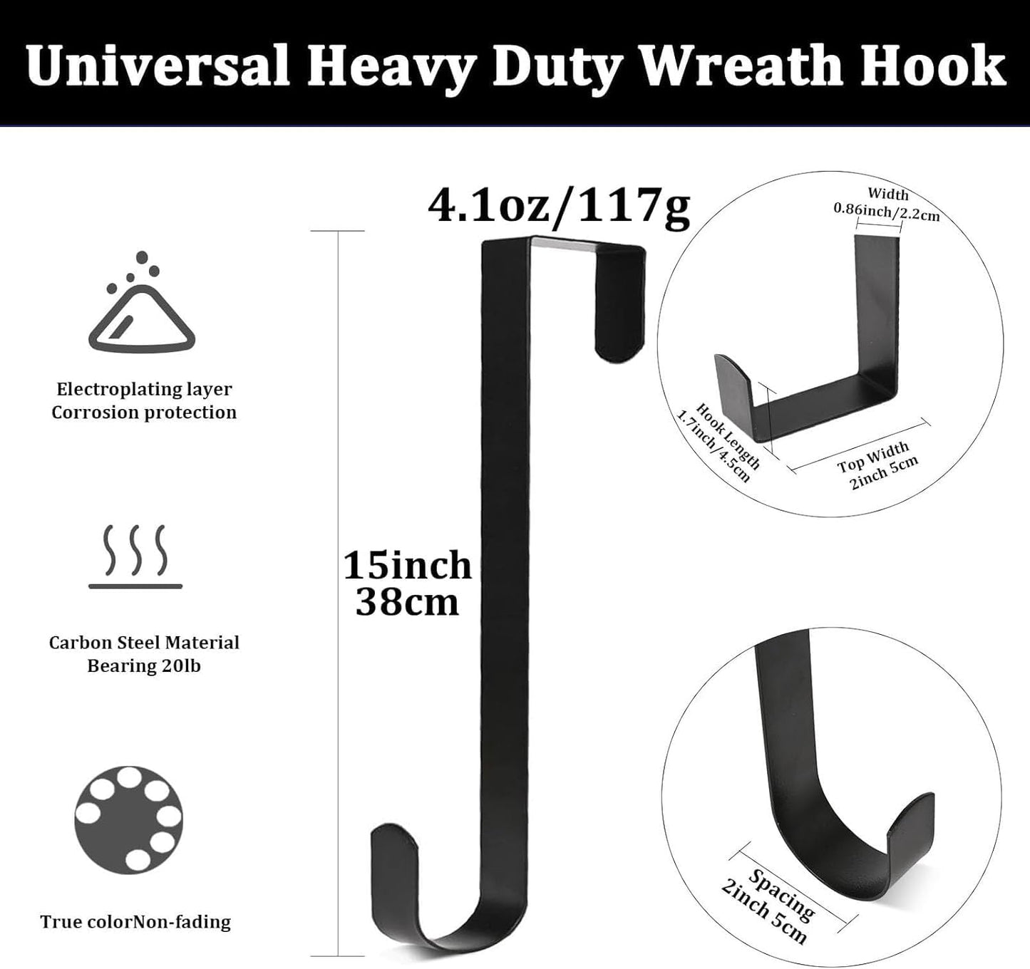Regine Switzerland Adjustable Black Wreath Hanger - Durable Carbon Steel Door Hook, 15” Height