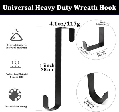 Regine Switzerland Adjustable Black Wreath Hanger - Durable Carbon Steel Door Hook, 15” Height