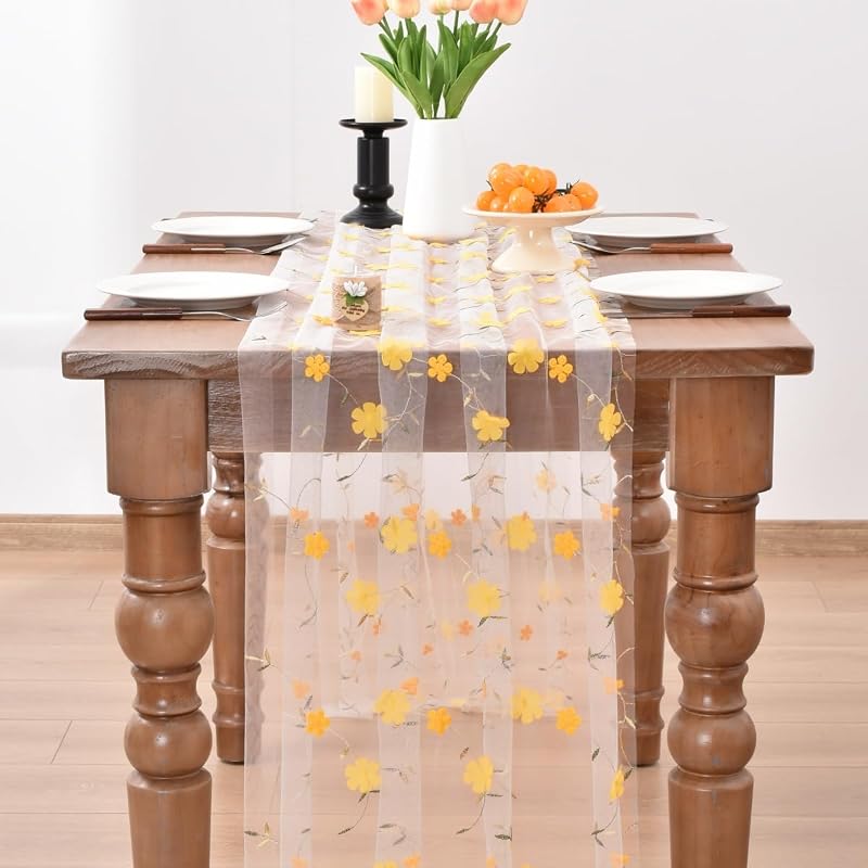 Yellow Floral Gauze Table Runner, 28x120 inches - Embroidered Boho Home Decor (Variation: Yellow+3)