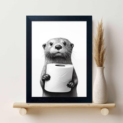Funny Bathroom Wall Art by [Brand Name] - Raccoon Holding Toilet Paper | Framed Black and White Decor