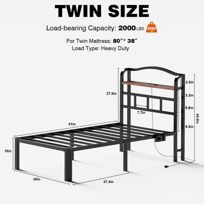 RmagineX Twin Bed Frame, 18 Inch High Heavy Duty Metal Platform Bed Frames Twin Size with Headboard,Outlet and Bedside Storage Organizer,No Box Spring Needed,Easy Assembly