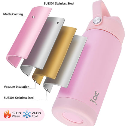Skiennix 18oz Kids Insulated Water Bottle - Leak Proof with Straw Lid & Silicone Handle | Light Pink