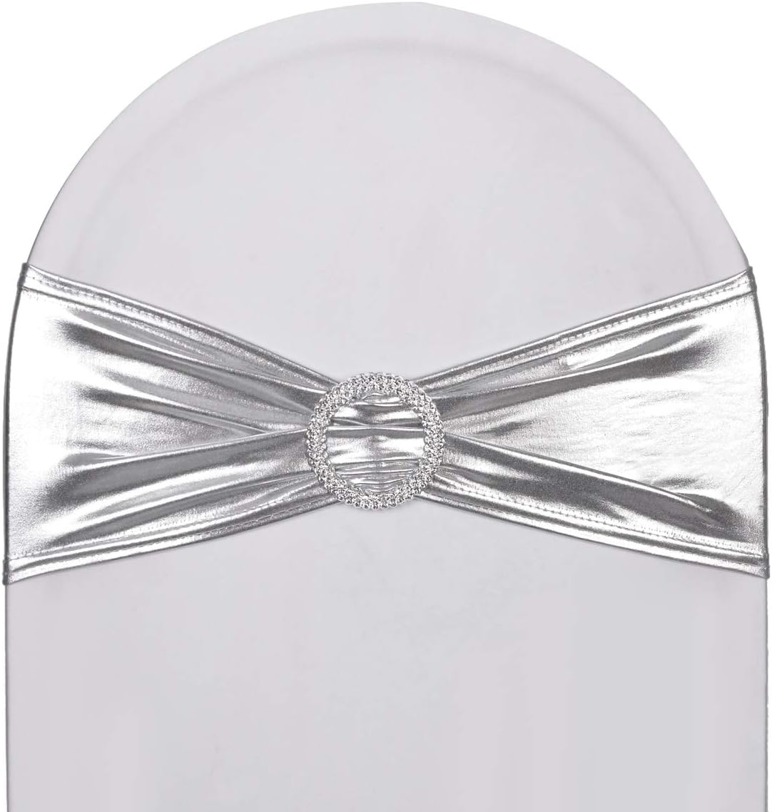 Skiennix Metallic Silver Stretch Chair Sashes - Durable Spandex Fitted Bows for Weddings & Events | 10-Pack