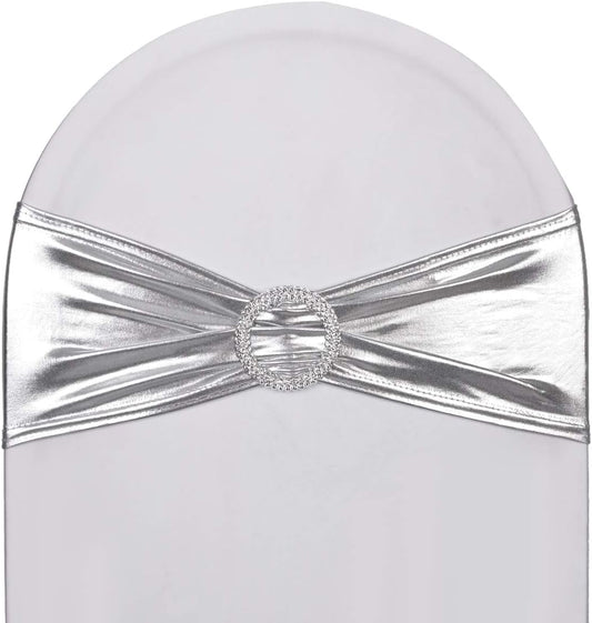 Skiennix Metallic Silver Stretch Chair Sashes - Durable Spandex Fitted Bows for Weddings & Events | 10-Pack
