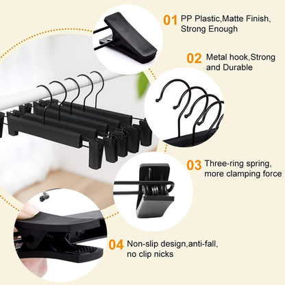 Skiennix Skirt Hangers - 360° Swivel Clips for Space-Saving Pants & Skirts | 10-Pack, Black