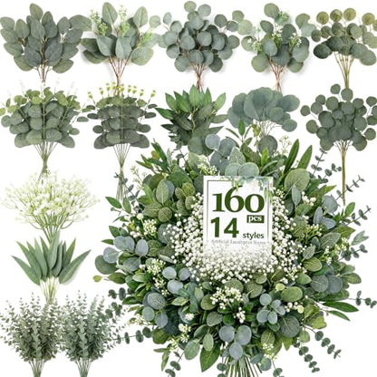 Artificial Eucalyptus Stems 160-Pack - Realistic Fake Greenery for Vase Decor
