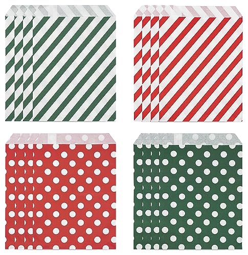 Christmas Treat Bags 100 Pack - Red and Green Polka Dot & Striped Paper Gift Bags