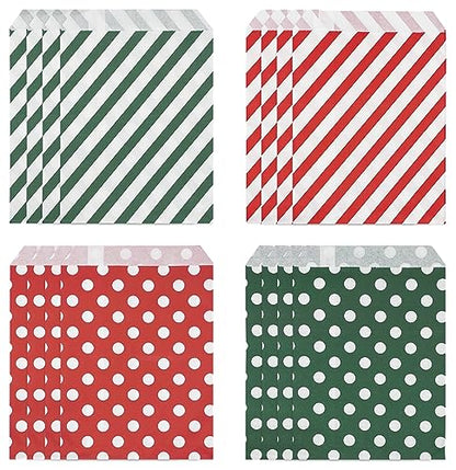 Christmas Treat Bags 100 Pack - Red and Green Polka Dot & Striped Paper Gift Bags