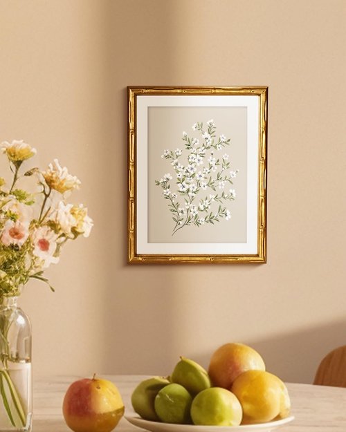 Framed White Flower Canvas Print - Minimalist Botanical Artwork with Gold Bamboo Frame | 11x14