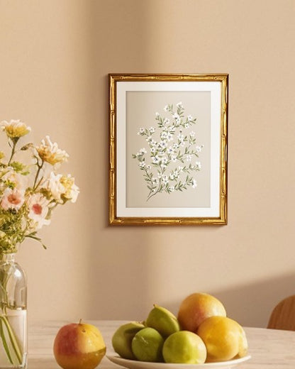 Framed White Flower Canvas Print - Minimalist Botanical Artwork with Gold Bamboo Frame | 11x14