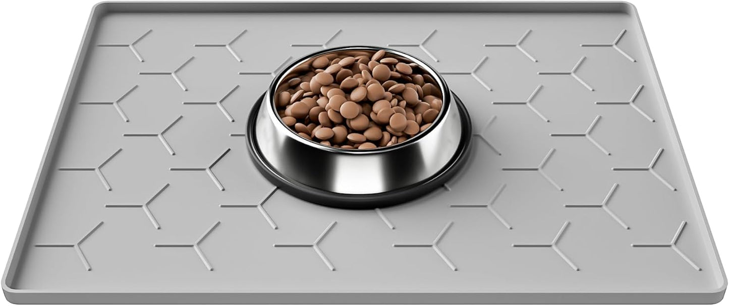 Pieviev Dog & Cat Food Bowl Mat - Silicone Waterproof, Non-Slip Design, 16''x12'', Light Gray