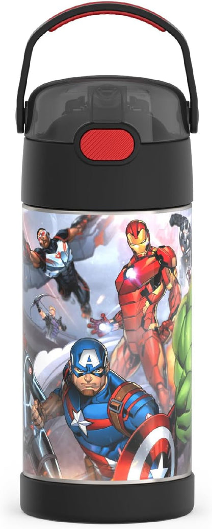THERMOS FUNTAINER Water Bottle - 12 Ounce Stainless Steel Vacuum Insulated Kids Bottle with Straw | Avengers Design