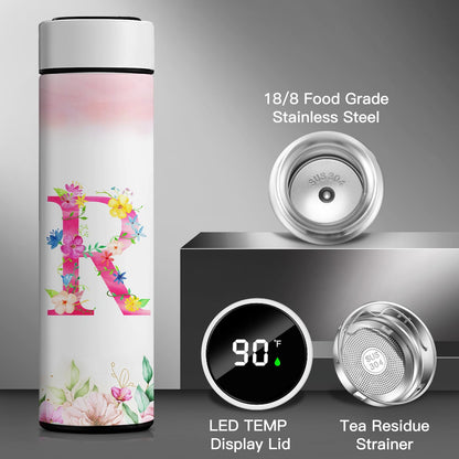 Personalized 16oz Initial Water Bottle,Smart Sport Water Bottle with LED Temperature Display,Customized Letter Coffee Thermos,Travel Coffee Mug (R)